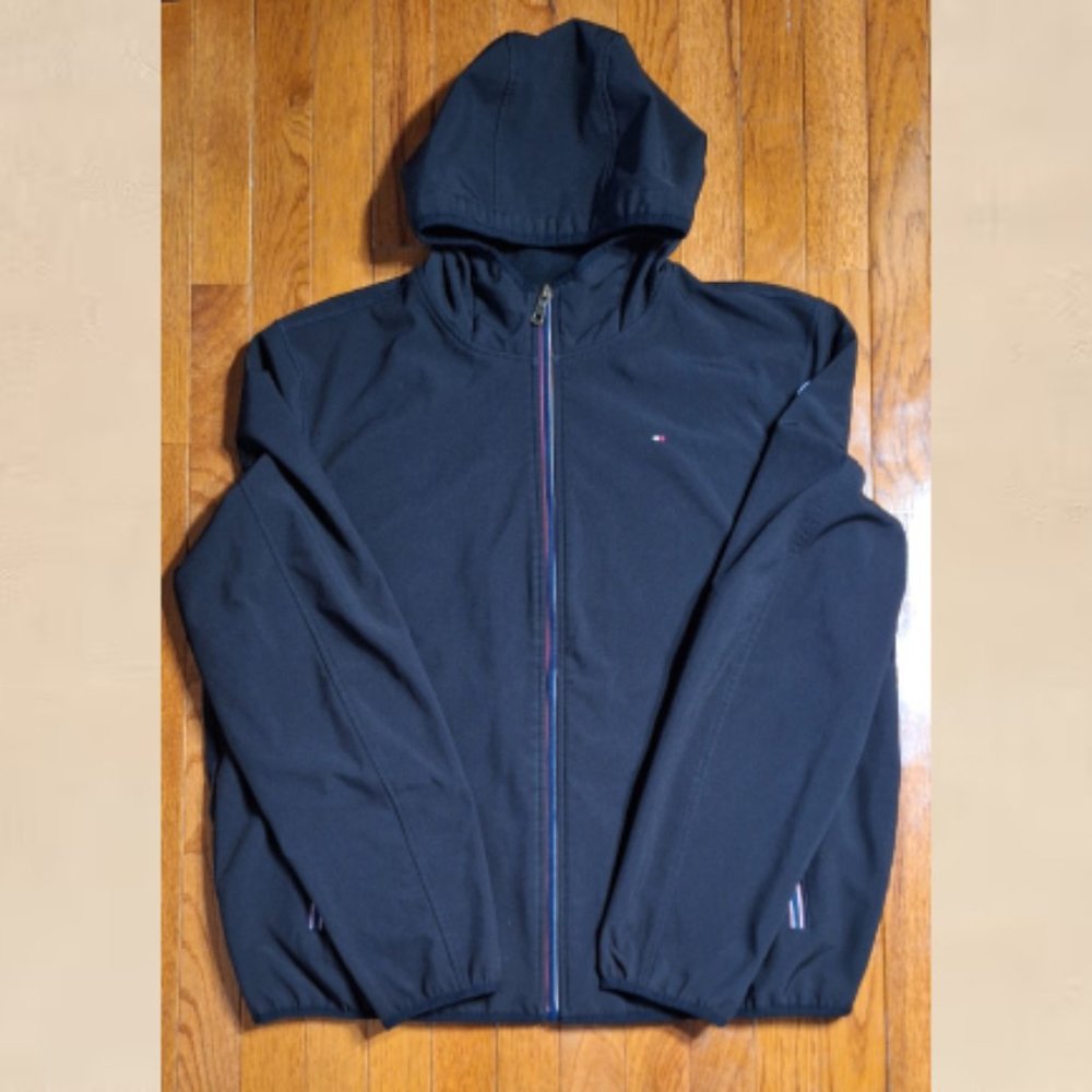 Tommy Hilfiger Black Hooded Windbreaker Fleece Lined Jacket Size XL Length 27"
